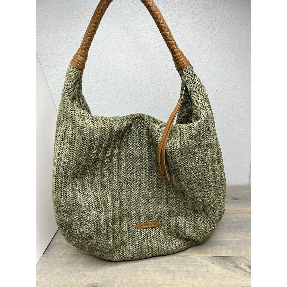 Lucky Brand Purse Olive Green Brown Leather  Handle Bag Fiber Woven Hobo EXC